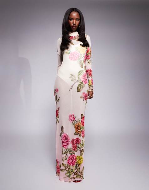 Vestido largo con estampado de rosas y cuello alto de malla Rowan de AFRM - view 1