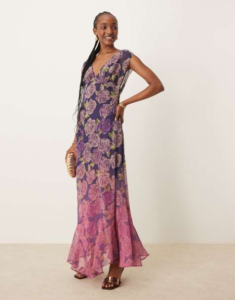 Vestido largo con estampado floral degradado y cuello de pico de ASOS DESIGN - view 1