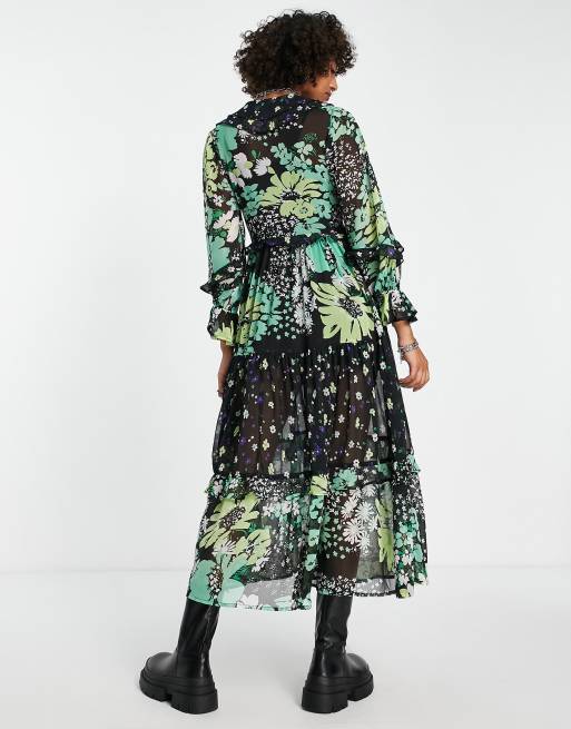 Vestido largo con estampado floral verde oscuro dividido de Reclaimed Vintage Inspired, 2 de 4