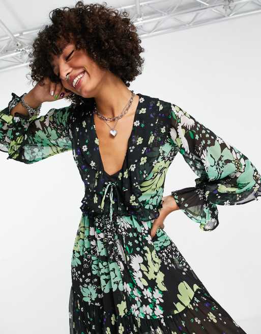 Vestido largo con estampado floral verde oscuro dividido de Reclaimed Vintage Inspired, 4 de 4