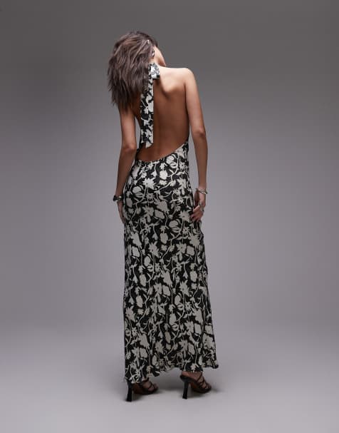Vestido largo con estampado floral y cuello halter subido de satén de Topshop - view 1