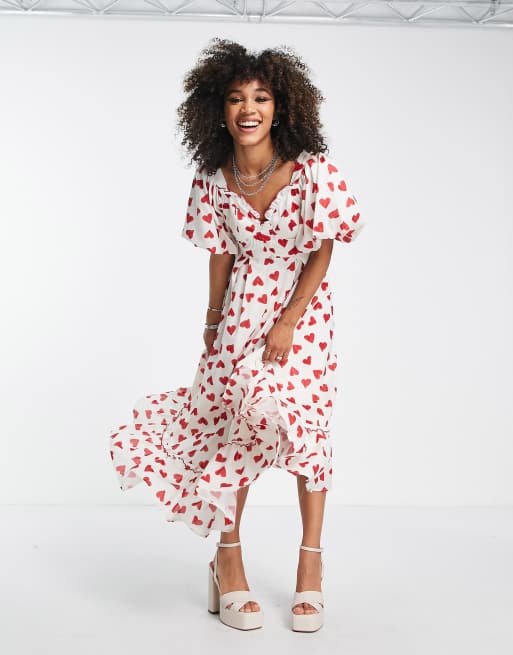 Vestido largo con mangas abullonadas, escote corazón y estampado de corazones de sister jane