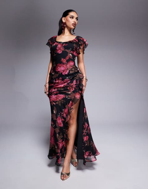 Vestido largo con mangas fluidas de volantes, abertura lateral y estampado floral rosa de ASOS DESIGN - view 1