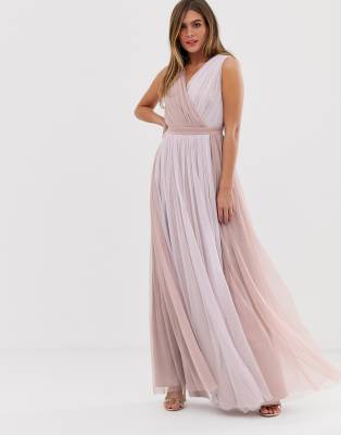 anaya with love tulle plunge neck maxi dress with ruffle sleeve and satin trim in white