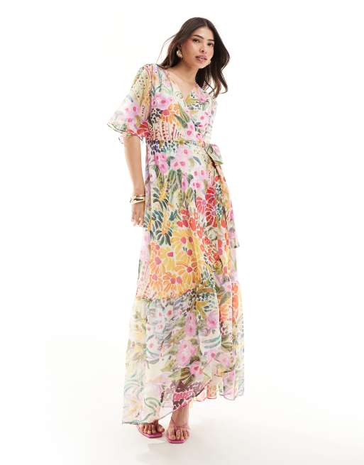 Vestido largo cruzado con estampado floral en tonos luminosos de Hope & Ivy, 2 de 4