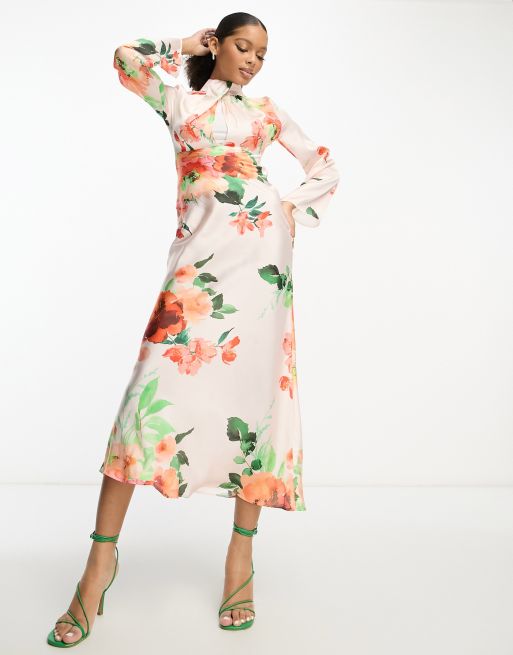 Vestido largo de corte al bies con detalle retorcido, cuello alto y estampado floral de ASOS DESIGN