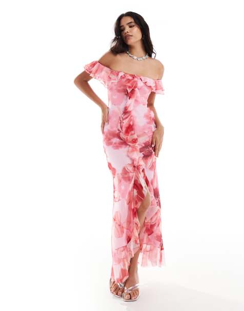 Vestido largo de corte al bies con escote Bardot, volantes y estampado floral de ASOS DESIGN - view 1