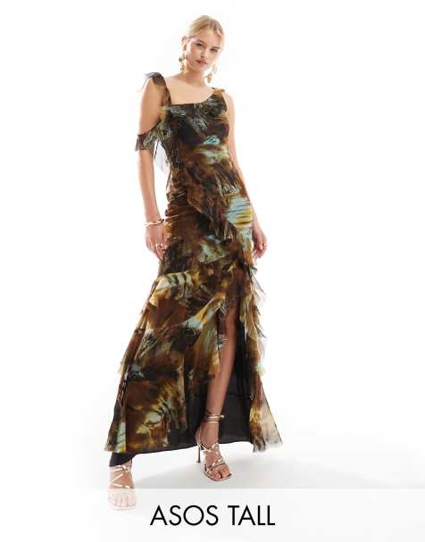 Vestido largo de corte al bies con estampado abstracto, diseño asimétrico y volantes de ASOS DESIGN Tall - view 1
