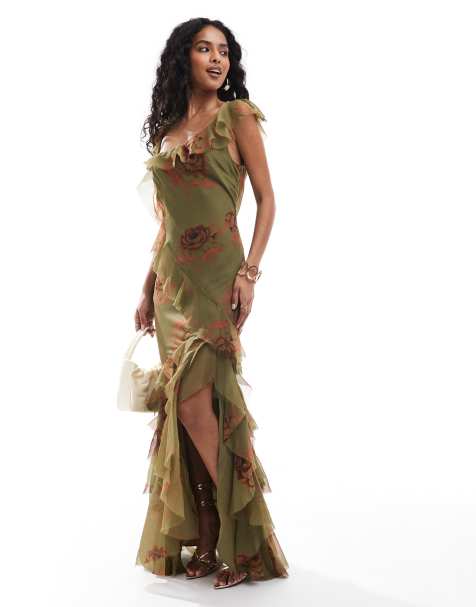 Vestido largo de corte al bies con estampado floral, hombros asimétricos y volantes de ASOS DESIGN - view 1