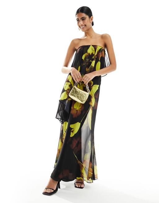 Vestido largo de corte al bies con estampado floral llamativo, diseño de dos capas y escote palabra de honor de ASOS DESIGN