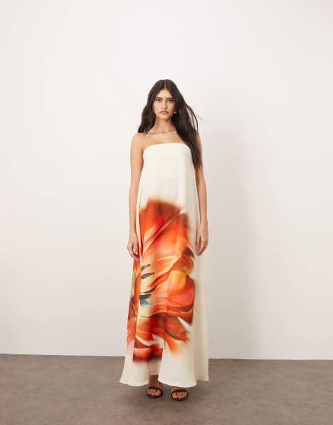 Vestido largo de corte recto con corsé interno, estampado floral extragrande y escote palabra de honor estructurado de ARRANGE - view 1