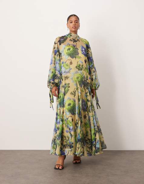 Vestido largo de corte trapecio con estampado floral llamativo y cuello alto de ARRANGE Curve - view 1