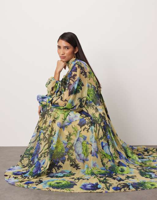 Vestido largo de corte trapecio con estampado floral llamativo y cuello alto de ARRANGE, 3 de 4