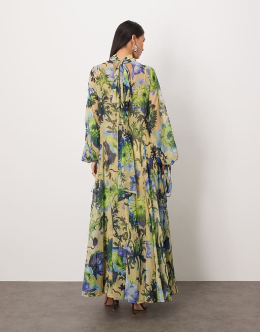 Vestido largo de corte trapecio con estampado floral llamativo y cuello alto de ARRANGE, 4 de 4