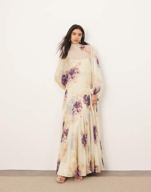 Vestido largo de corte trapecio con estampado floral pictórico y cuello alto de ARRANGE