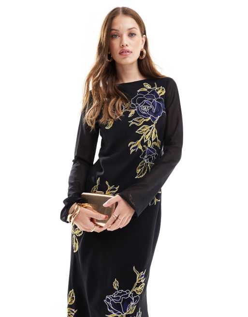 Vestido largo de manga larga con bordados florales azules de ASOS DESIGN, 2 de 4