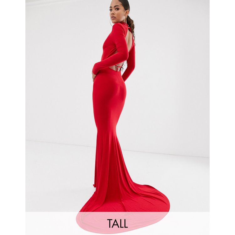 Fascinar Pelágico Trágico Vestido largo de manga larga con cuello alto y cola de pez con espalda  abierta y detalle de tira en rojo de Club L London Tall | ASOS