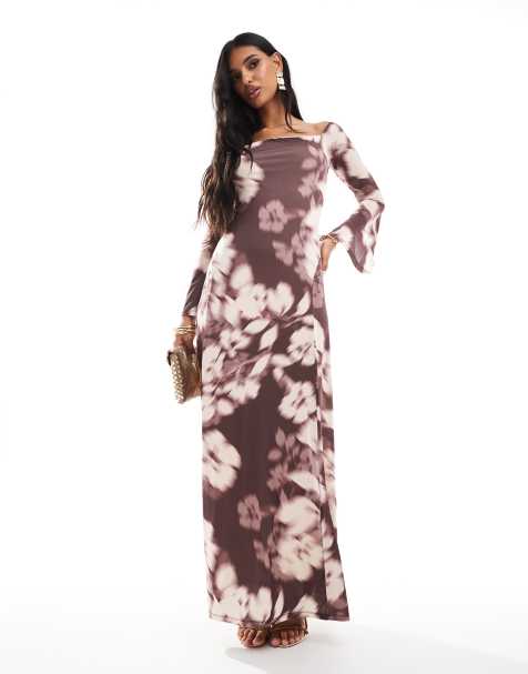 Vestido largo de manga larga con estampado floral difuminado, escote Bardot y abertura en el centro de ASOS DESIGN - view 1