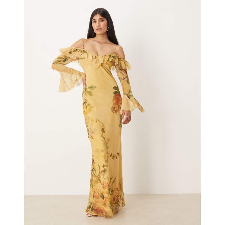 Vestido largo de manga larga con estampado floral vintage, hombros