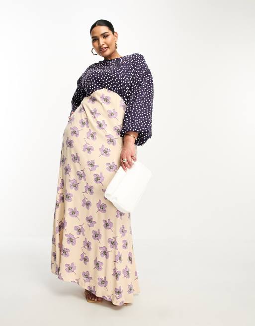 Vestido largo de manga larga con estampado floral y de lunares variado de viscosa de ASOS DESIGN Curve