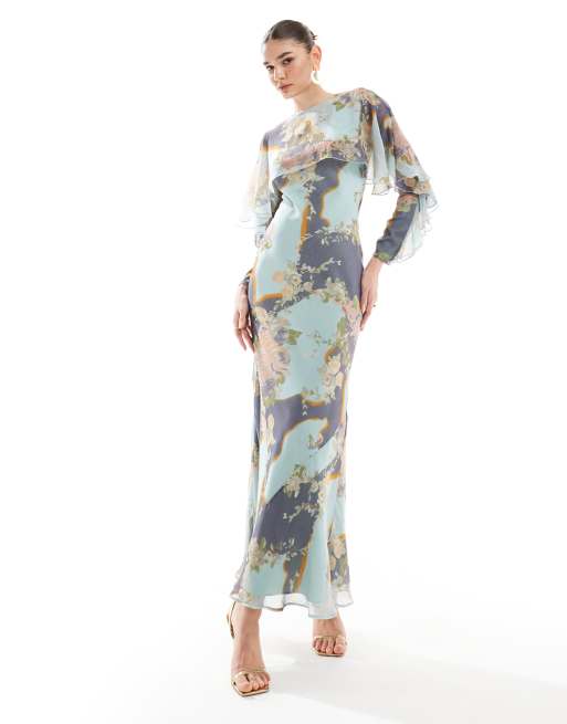 Vestido largo de manga larga y corte al bies con estampado floral, volantes y detalle de capa de ASOS DESIGN