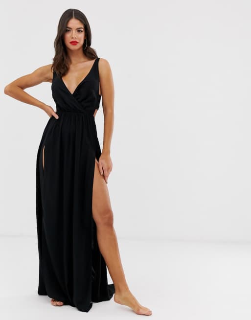 Vestido largo de playa negro con abertura la parte delantera y diseño cruzado anudado en la posterior de ASOS DESIGN TALL | ASOS