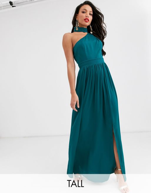 Vestido largo de sat n en verde azulado de Little Mistress Tall