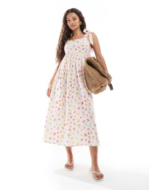 Vestido largo de tirantes anudados con estampado frutal de Miss Selfridge Petite - view 1