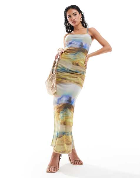 Vestido largo de tirantes con escote cuadrado y estampado de paisaje de ASOS DESIGN - view 1