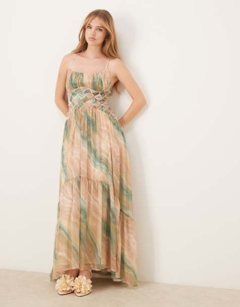 Vestido largo de tirantes con estampado abstracto, pecho fruncido y detalle enrejado en la cintura de ASOS DESIGN - view 1