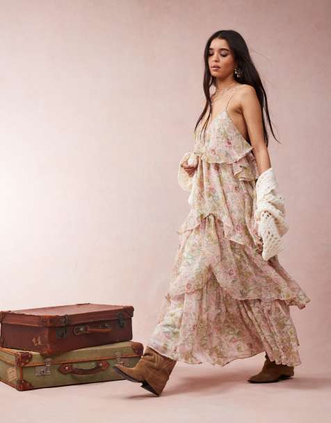Vestido largo de tirantes con estampado floral y diseño escalonado de ASOS DESIGN - view 1