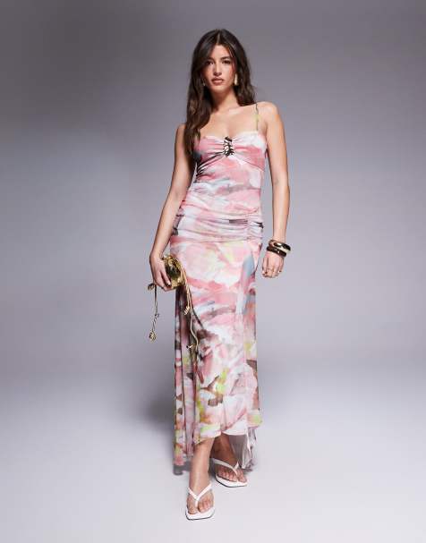 Vestido largo de tirantes con estampado floral y parte delantera fruncida de malla de ASOS DESIGN - view 1