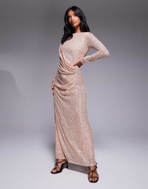 Vestido largo dorado con detalle fruncido de lentejuelas de Jaded Rose Petite