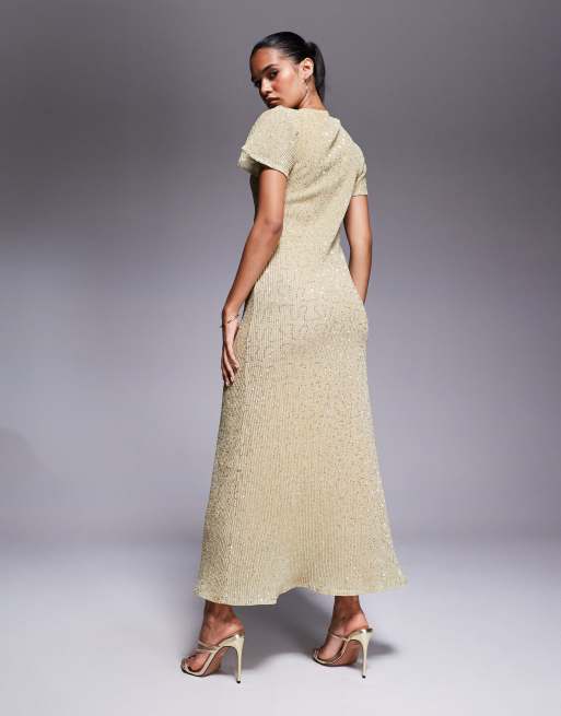 Vestido largo dorado con mangas de casquillo y abertura de ASOS DESIGN, 3 de 4