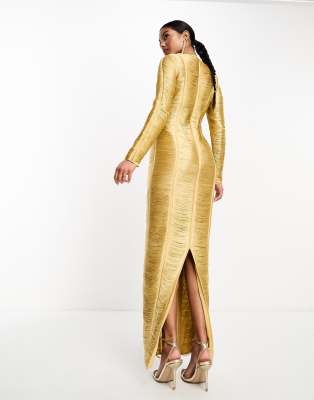 Vestido largo dorado de manga larga con flecos de ASOS DESIGN