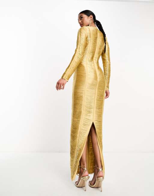 Vestido largo dorado de manga larga con flecos de ASOS DESIGN, 2 de 4