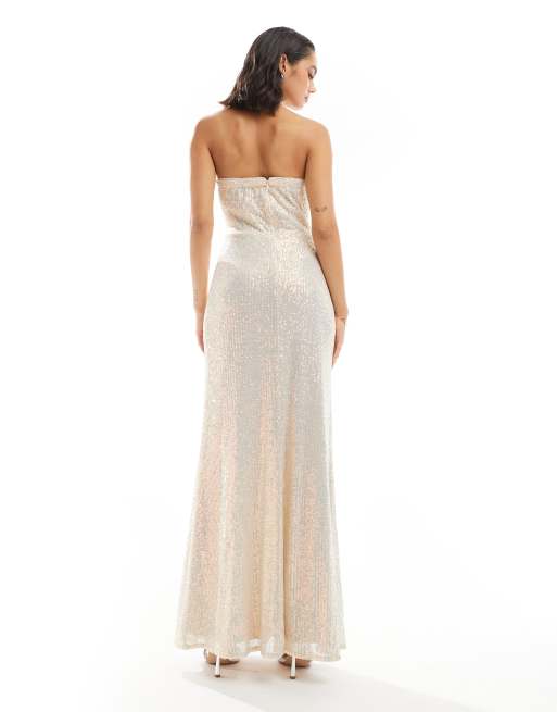 Vestido largo dorado iridiscente sin tirantes de lentejuelas de TFNC, 4 de 4