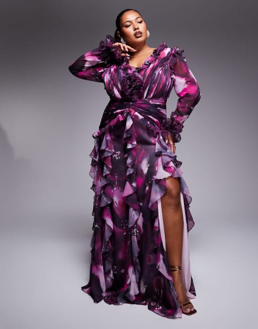 Vestido largo en tonos oscuros de manga larga con estampado floral y volantes muy marcados de organza de ASOS LUXE Curve