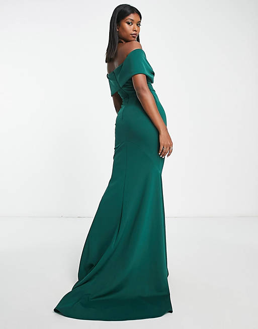Vestido largo esmeralda con escote Bardot de corte sirena Black Label de  True Violet | ASOS