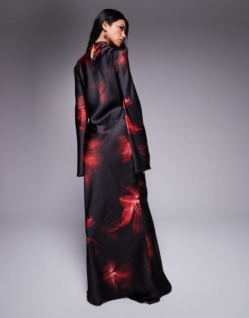 Vestido largo estampado con mangas acampanadas de satén de Daska, 3 de 4