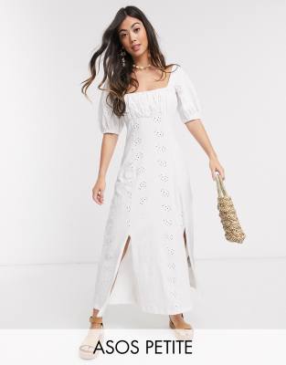 Vestido largo estilo campesina con escote cuadrado bordados en blanco de ASOS Petite ASOS