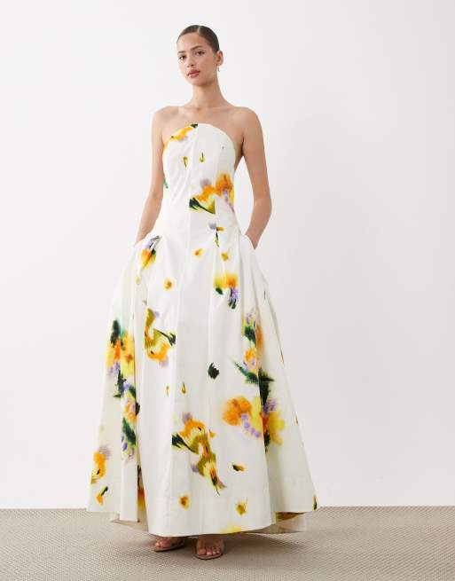 Vestido largo estructurado con estampado floral difuminado y escote palabra de honor de ARRANGE, 2 de 4
