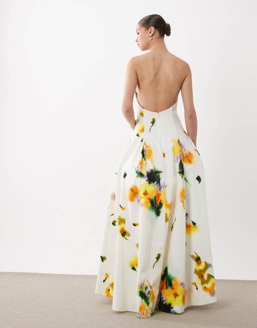 Vestido largo estructurado con estampado floral difuminado y escote palabra de honor de ARRANGE, 4 de 4