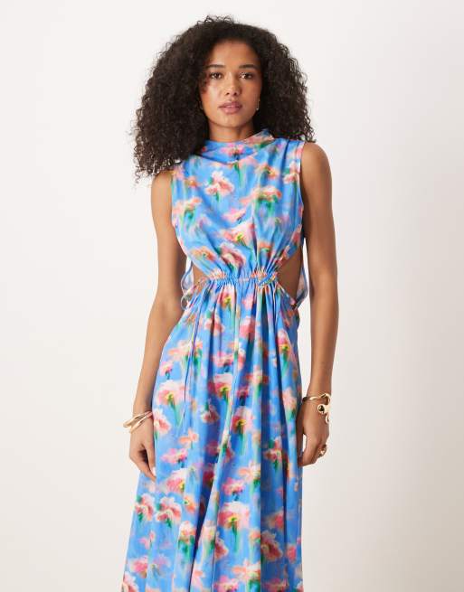 Vestido largo fruncido con diseño estampado y lazada delantera de ASOS DESIGN, 3 de 4