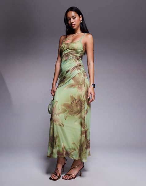 Vestido largo fruncido con estampado de hibisco y tiras asimétricas en la espalda de malla de ASOS DESIGN - view 1