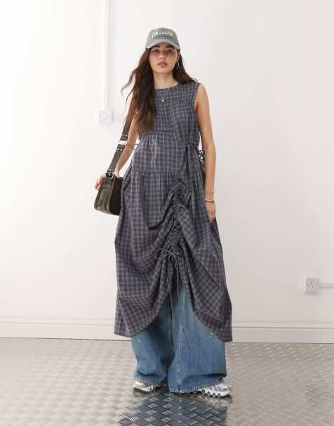Vestido largo gris a cuadros de cordones ajustables de COLLUSION - view 1