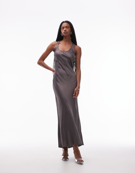 Vestido largo gris carbón con cuello ancho de satén de ASOS DESIGN - view 1