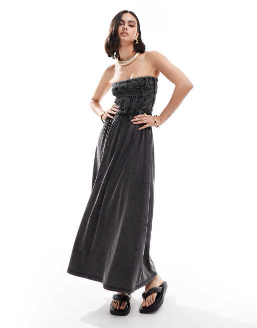 Vestido largo gris carbón lavado con cuerpo fruncido, escote palabra de honor y falda de corte amplio de ASOS DESIGN 
