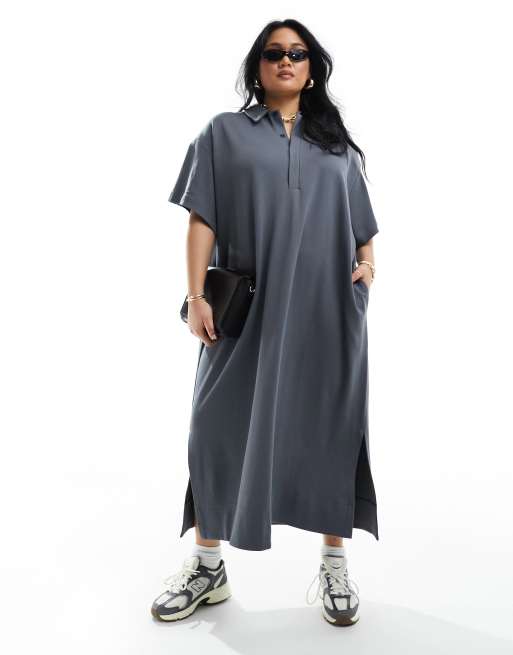 Vestido largo gris carbón tipo polo de punto liso premium de ASOS EDITION Curve