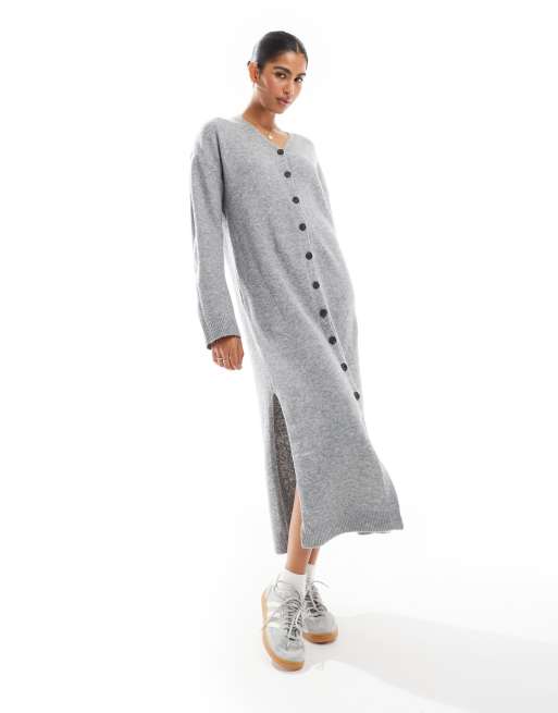 Vestido largo gris claro jaspeado abotonado de punto de AWARE, 3 de 4